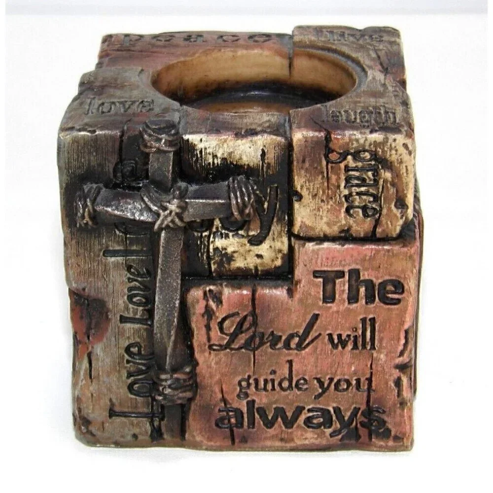 HOBBY LOBBY rustic brown plastic religious, God candle holder 2 1/2